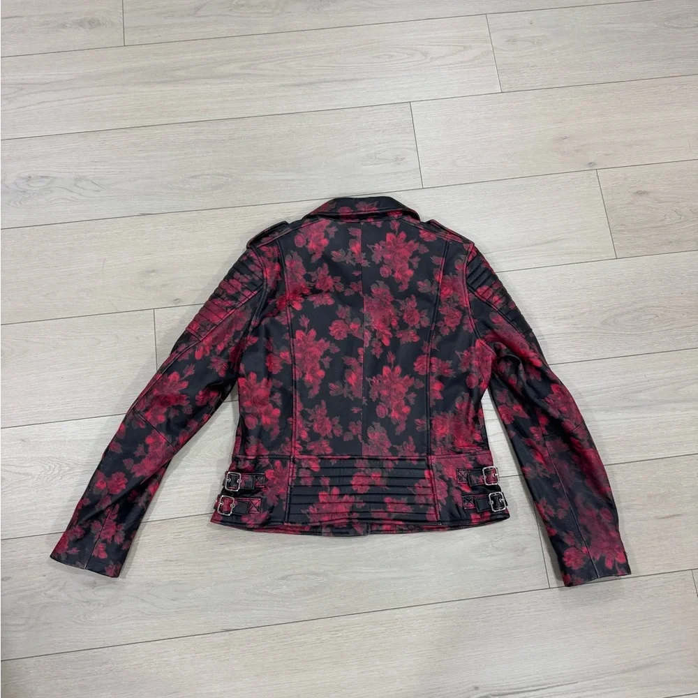 Lord & Taylor 424 Fifth Red Rose Black Leather Moto Biker Jacket - Picture 7 of 10